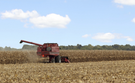 A combine driving and harvesting hay in a field